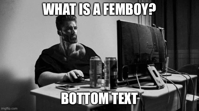 Gigachad On The Computer | WHAT IS A FEMBOY? BOTTOM TEXT | image tagged in gigachad on the computer | made w/ Imgflip meme maker