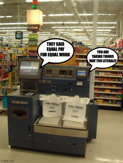 Self check-out mad about the pay. | YOU ARE TAKING THINGS WAY TOO LITERALLY; THEY SAID EQUAL PAY FOR EQUAL WORK | image tagged in self checkout | made w/ Imgflip meme maker