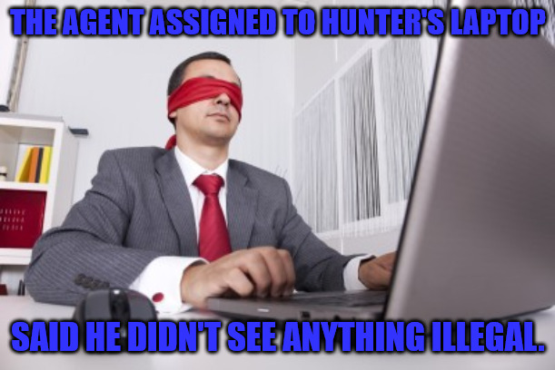 Blind FBI | THE AGENT ASSIGNED TO HUNTER'S LAPTOP; SAID HE DIDN'T SEE ANYTHING ILLEGAL. | image tagged in blindfolded | made w/ Imgflip meme maker