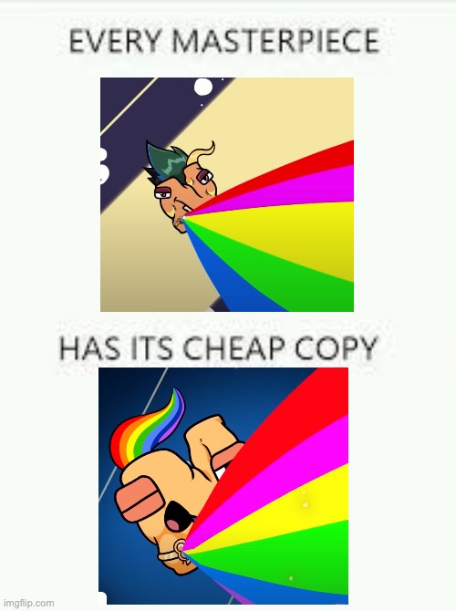 heres N shooting a rainbow laser | image tagged in every masterpiece has its cheap copy,n | made w/ Imgflip meme maker