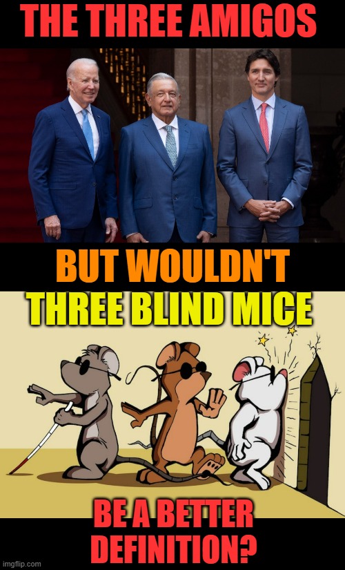Biden Latest Attempt To Look Relevant | THE THREE AMIGOS; BUT WOULDN'T; THREE BLIND MICE; BE A BETTER DEFINITION? | image tagged in memes,politics,joe biden,three amigos,definition,three blind mice | made w/ Imgflip meme maker