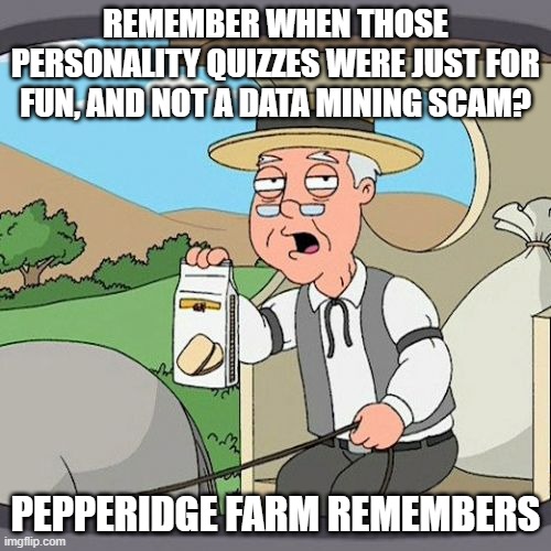 Silly games made by light hearted teenagers new to the Internet. Myspace days. |  REMEMBER WHEN THOSE PERSONALITY QUIZZES WERE JUST FOR FUN, AND NOT A DATA MINING SCAM? PEPPERIDGE FARM REMEMBERS | image tagged in memes,pepperidge farm remembers,myspace,personality,games,quizzes | made w/ Imgflip meme maker
