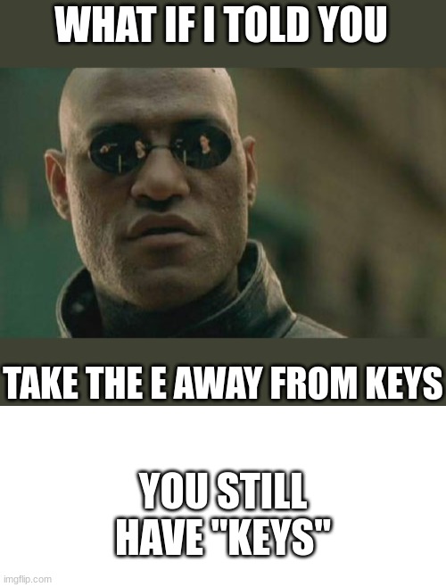 keys | WHAT IF I TOLD YOU; TAKE THE E AWAY FROM KEYS; YOU STILL HAVE "KEYS" | image tagged in memes,matrix morpheus,blank transparent square,keys,kill yourself,kys | made w/ Imgflip meme maker