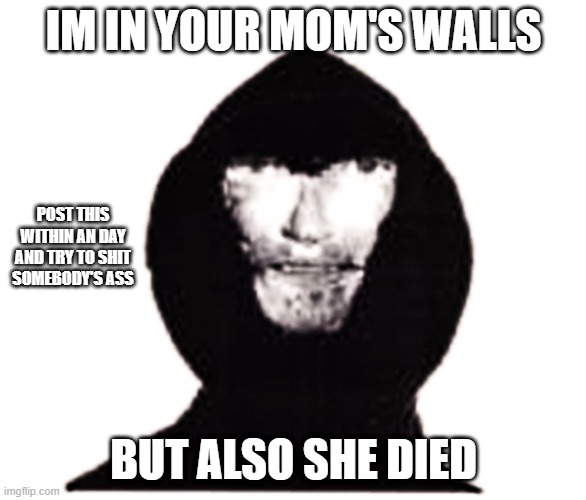Im in your mom's walls. | IM IN YOUR MOM'S WALLS; POST THIS WITHIN AN DAY AND TRY TO SHIT SOMEBODY'S ASS; BUT ALSO SHE DIED | image tagged in intruder | made w/ Imgflip meme maker
