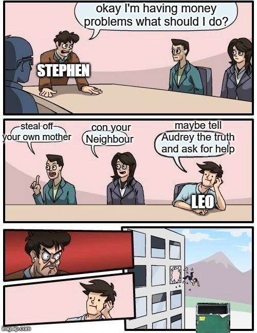 coronation street Uncle Stephen Meme. | okay I'm having money problems what should I do? STEPHEN; steal off your own mother; maybe tell Audrey the truth and ask for help; con your Neighbour; LEO | image tagged in memes,boardroom meeting suggestion | made w/ Imgflip meme maker