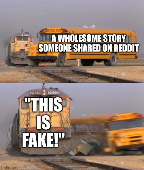 And then when asked for evidence, they'll just reply with: "It sounds fake" and everyone would believe them :/ | A WHOLESOME STORY SOMEONE SHARED ON REDDIT; "THIS IS FAKE!" | image tagged in a train hitting a school bus,scumbag redditor,certified bruh moment | made w/ Imgflip meme maker