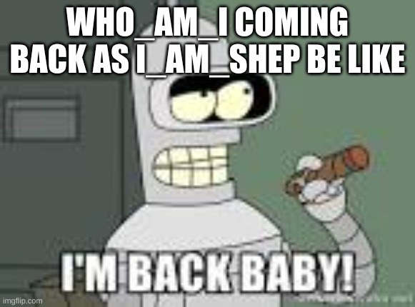 WOOOOO | WHO_AM_I COMING BACK AS I_AM_SHEP BE LIKE | image tagged in i'm back baby | made w/ Imgflip meme maker