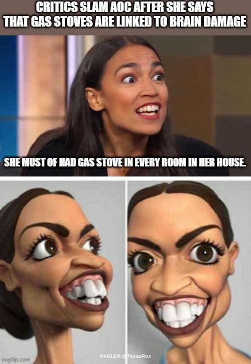 HOW can anyone vote for ths NWO demrat? | CRITICS SLAM AOC AFTER SHE SAYS THAT GAS STOVES ARE LINKED TO BRAIN DAMAGE; SHE MUST OF HAD GAS STOVE IN EVERY ROOM IN HER HOUSE. | image tagged in crazy aoc | made w/ Imgflip meme maker