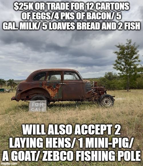 For sale | $25K OR TRADE FOR 12 CARTONS OF EGGS/4 PKS OF BACON/ 5 GAL. MILK/ 5 LOAVES BREAD AND 2 FISH; WILL ALSO ACCEPT 2 LAYING HENS/ 1 MINI-PIG/ A GOAT/ ZEBCO FISHING POLE | image tagged in for sale | made w/ Imgflip meme maker