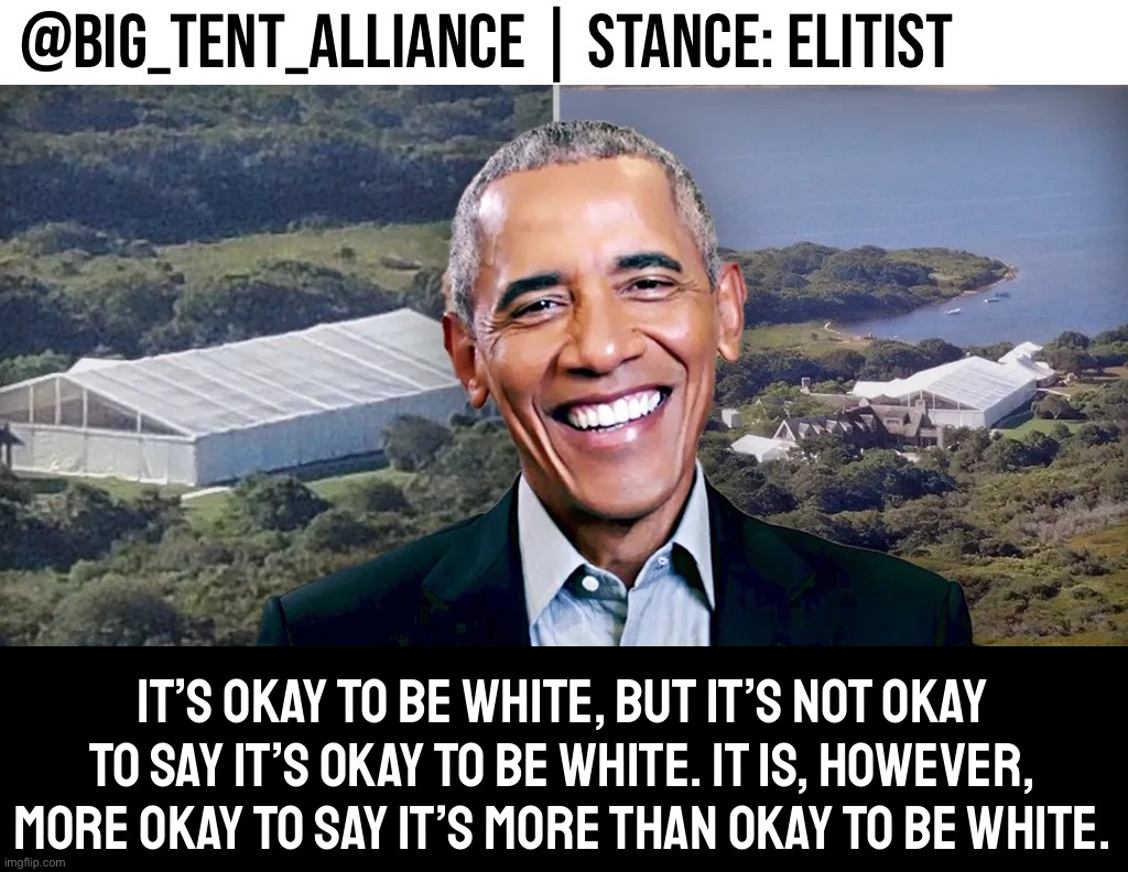 Our official stance on the Latest Thing. | IT’S OKAY TO BE WHITE, BUT IT’S NOT OKAY TO SAY IT’S OKAY TO BE WHITE. IT IS, HOWEVER, MORE OKAY TO SAY IT’S MORE THAN OKAY TO BE WHITE. | image tagged in big tent alliance announcement template elitist,w,h,i,t,e | made w/ Imgflip meme maker