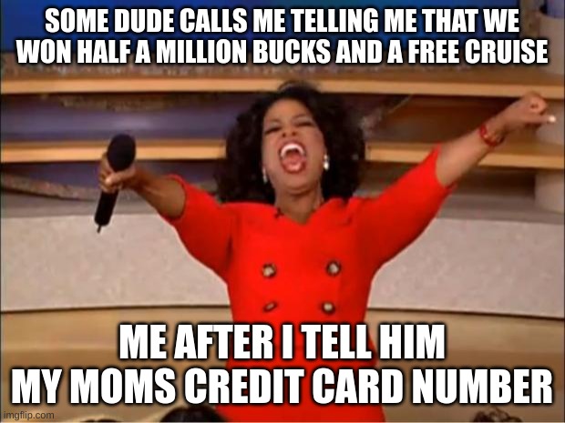 I think we won | SOME DUDE CALLS ME TELLING ME THAT WE WON HALF A MILLION BUCKS AND A FREE CRUISE; ME AFTER I TELL HIM MY MOMS CREDIT CARD NUMBER | image tagged in memes | made w/ Imgflip meme maker