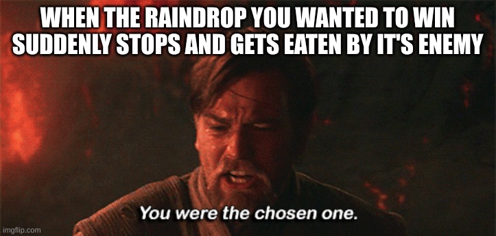 NOO | WHEN THE RAINDROP YOU WANTED TO WIN SUDDENLY STOPS AND GETS EATEN BY IT'S ENEMY | image tagged in you were the chosen one | made w/ Imgflip meme maker