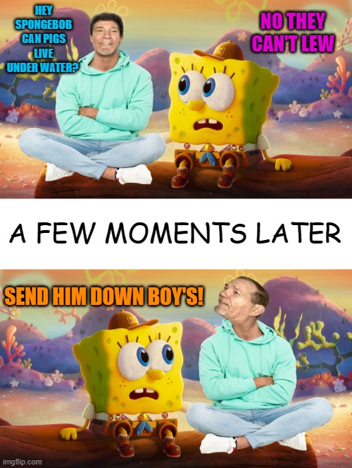 NO THEY CAN'T LEW; HEY SPONGEBOB CAN PIGS LIVE UNDER WATER? A FEW MOMENTS LATER; SEND HIM DOWN BOY'S! | made w/ Imgflip meme maker