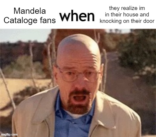 x when y | they realize im in their house and knocking on their door; Mandela Cataloge fans | image tagged in x when y | made w/ Imgflip meme maker