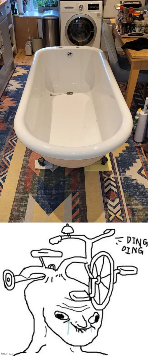 Tub placement fail | image tagged in ding ding,bathtub,kitchen,you had one job,memes,tub | made w/ Imgflip meme maker