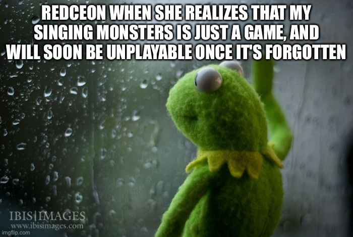 kermit window | REDCEON WHEN SHE REALIZES THAT MY SINGING MONSTERS IS JUST A GAME, AND WILL SOON BE UNPLAYABLE ONCE IT'S FORGOTTEN | image tagged in kermit window | made w/ Imgflip meme maker