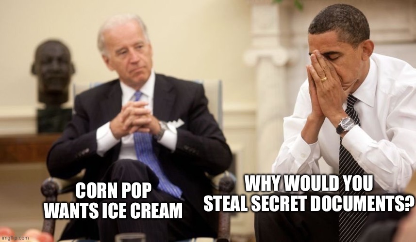 Can we get sprinkles too? | CORN POP WANTS ICE CREAM; WHY WOULD YOU STEAL SECRET DOCUMENTS? | image tagged in biden obama | made w/ Imgflip meme maker