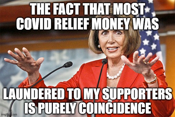 Nancy Pelosi is crazy | THE FACT THAT MOST COVID RELIEF MONEY WAS; LAUNDERED TO MY SUPPORTERS IS PURELY COINCIDENCE | image tagged in nancy pelosi is crazy | made w/ Imgflip meme maker