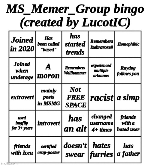 I got bored so I made my own bingo (can we start a trend maybe?) | image tagged in msmg bingo - by lucotic | made w/ Imgflip meme maker