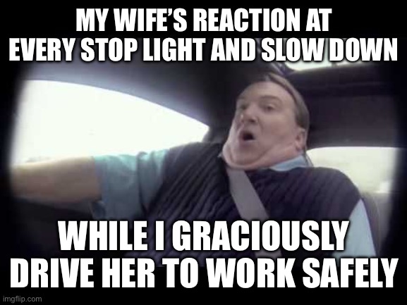 Driving my wife to work | MY WIFE’S REACTION AT EVERY STOP LIGHT AND SLOW DOWN; WHILE I GRACIOUSLY DRIVE HER TO WORK SAFELY | image tagged in wife,marriage,work,commute,driving,bad driver | made w/ Imgflip meme maker