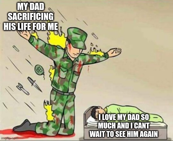 sad | MY DAD SACRIFICING HIS LIFE FOR ME; I LOVE MY DAD SO MUCH AND I CANT WAIT TO SEE HIM AGAIN | image tagged in soldier protecting sleeping child | made w/ Imgflip meme maker