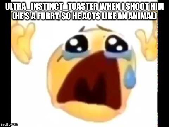 cursed crying emoji | ULTRA_INSTINCT_TOASTER WHEN I SHOOT HIM
(HE'S A FURRY, SO HE ACTS LIKE AN ANIMAL) | image tagged in cursed crying emoji | made w/ Imgflip meme maker