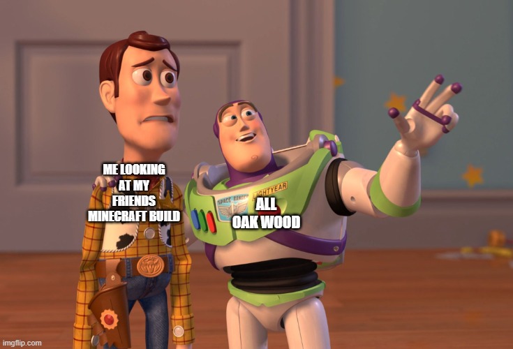 X, X Everywhere Meme | ALL OAK WOOD; ME LOOKING AT MY FRIENDS MINECRAFT BUILD | image tagged in memes,x x everywhere | made w/ Imgflip meme maker