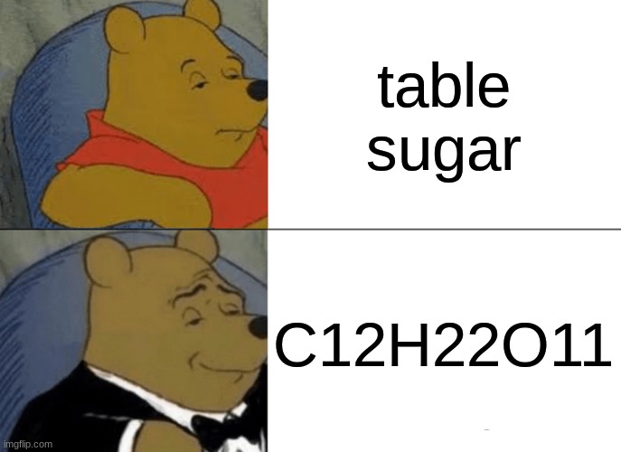 just to let you know, table sugar is used in jelly | table sugar; C12H22O11 | image tagged in memes,tuxedo winnie the pooh | made w/ Imgflip meme maker