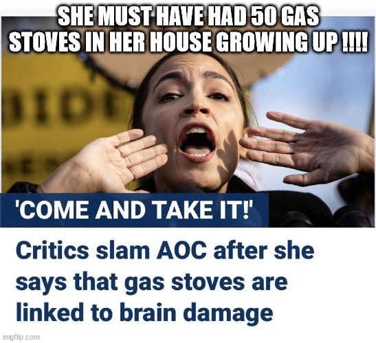 AOC gassed! | SHE MUST HAVE HAD 50 GAS STOVES IN HER HOUSE GROWING UP !!!! | image tagged in aoc,gas,democrat,memes,liberal,progressive | made w/ Imgflip meme maker