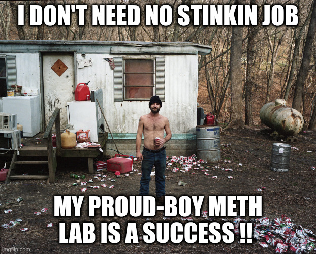 Proudboy | I DON'T NEED NO STINKIN JOB; MY PROUD-BOY METH LAB IS A SUCCESS !! | image tagged in trailer trash,proudboy | made w/ Imgflip meme maker