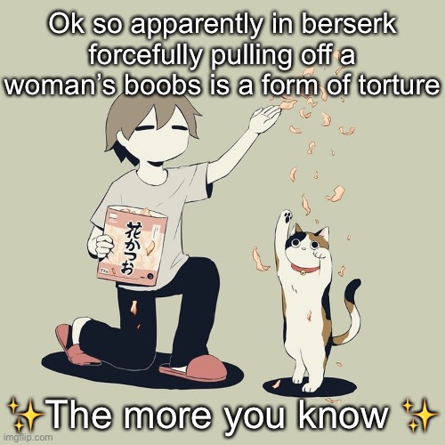 Avogado6 | Ok so apparently in berserk forcefully pulling off a woman’s boobs is a form of torture; ✨The more you know ✨ | image tagged in avogado6 | made w/ Imgflip meme maker