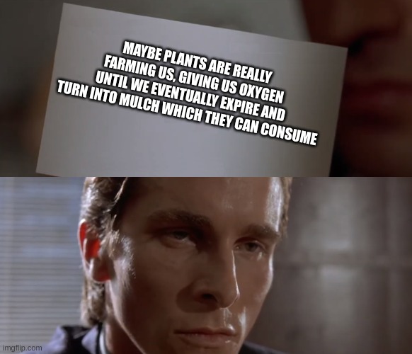 deep thoughts v2 | MAYBE PLANTS ARE REALLY FARMING US, GIVING US OXYGEN UNTIL WE EVENTUALLY EXPIRE AND TURN INTO MULCH WHICH THEY CAN CONSUME | image tagged in american psycho card | made w/ Imgflip meme maker