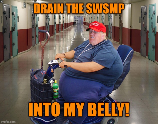 Trump in prison riding a scooter | DRAIN THE SWSMP INTO MY BELLY! | image tagged in trump in prison riding a scooter | made w/ Imgflip meme maker