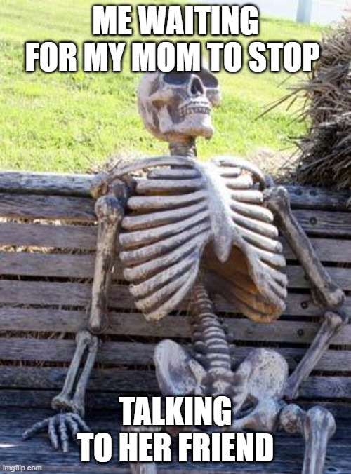 me irl: | ME WAITING FOR MY MOM TO STOP; TALKING TO HER FRIEND | image tagged in memes,waiting skeleton | made w/ Imgflip meme maker