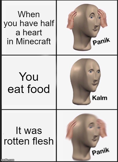 Dude's a noob... | When you have half a heart in Minecraft; You eat food; It was rotten flesh | image tagged in memes,panik kalm panik | made w/ Imgflip meme maker