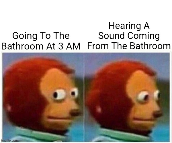 Monkey Puppet | Hearing A Sound Coming From The Bathroom; Going To The Bathroom At 3 AM | image tagged in memes,monkey puppet | made w/ Imgflip meme maker