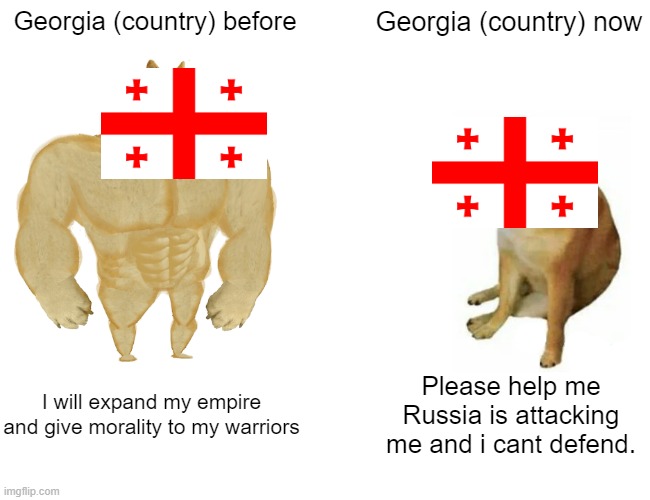 Buff Doge vs. Cheems Meme | Georgia (country) before; Georgia (country) now; I will expand my empire and give morality to my warriors; Please help me Russia is attacking me and i cant defend. | image tagged in memes,buff doge vs cheems | made w/ Imgflip meme maker
