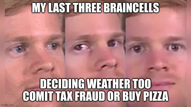 Fourth wall breaking white guy | MY LAST THREE BRAINCELLS; DECIDING WEATHER TOO COMIT TAX FRAUD OR BUY PIZZA | image tagged in fourth wall breaking white guy | made w/ Imgflip meme maker