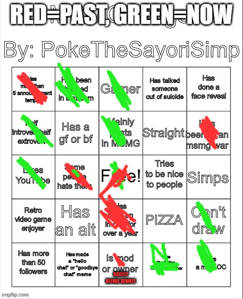 Bingo? | RED=PAST, GREEN=NOW; BRIEFLY BEFORE DEMOTE | image tagged in msmg bingo by poke | made w/ Imgflip meme maker