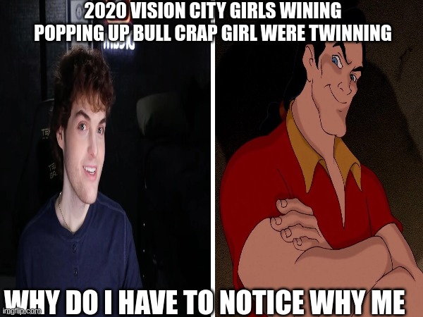 2020 vision | 2020 VISION CITY GIRLS WINING POPPING UP BULL CRAP GIRL WERE TWINNING; WHY DO I HAVE TO NOTICE WHY ME | image tagged in funny memes | made w/ Imgflip meme maker