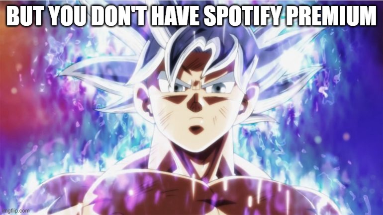Ultra Instinct | BUT YOU DON'T HAVE SPOTIFY PREMIUM | image tagged in ultra instinct | made w/ Imgflip meme maker