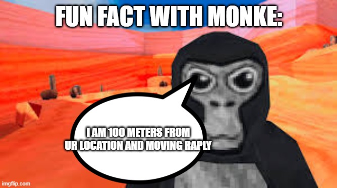 fun fact with monke | FUN FACT WITH MONKE:; I AM 100 METERS FROM UR LOCATION AND MOVING RAPLY | image tagged in gorilla tag | made w/ Imgflip meme maker