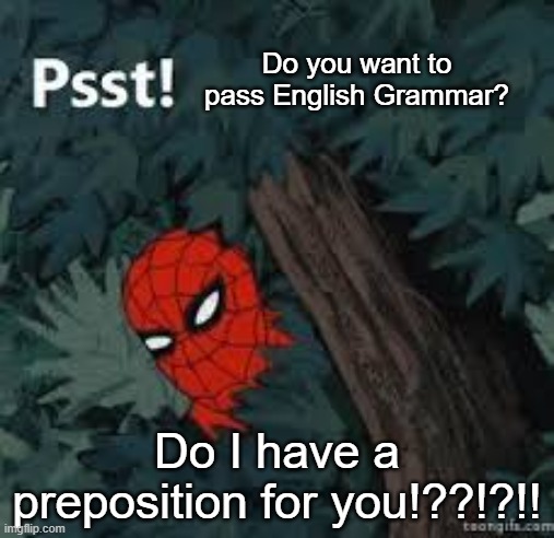 Spiderman psst | Do you want to pass English Grammar? Do I have a preposition for you!??!?!! | image tagged in spiderman psst | made w/ Imgflip meme maker