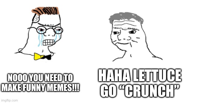 Iceu in a nutshell | NOOO YOU NEED TO MAKE FUNNY MEMES!!! HAHA LETTUCE GO “CRUNCH” | image tagged in nooo haha go brrr,lettuce,funny memes,iceu | made w/ Imgflip meme maker