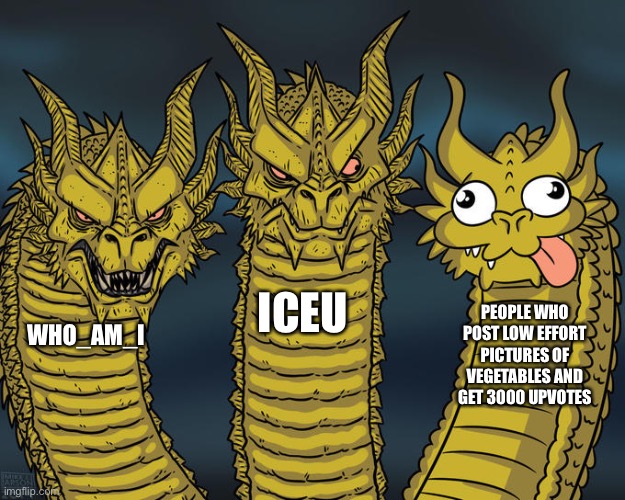 These memes are absolute garbage | ICEU; PEOPLE WHO POST LOW EFFORT PICTURES OF VEGETABLES AND GET 3000 UPVOTES; WHO_AM_I | image tagged in three-headed dragon,upvotes,vegetables,iceu,who am i | made w/ Imgflip meme maker