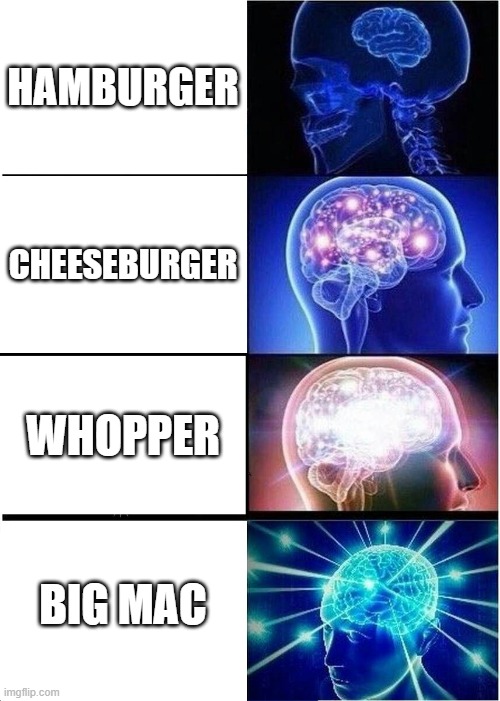 Expanding Brain | HAMBURGER; CHEESEBURGER; WHOPPER; BIG MAC | image tagged in memes,expanding brain,funny,mcdonalds,hamburger,cheeseburger | made w/ Imgflip meme maker