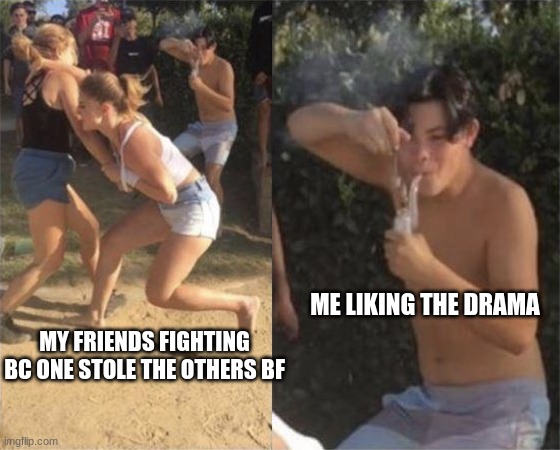 mhm | ME LIKING THE DRAMA; MY FRIENDS FIGHTING BC ONE STOLE THE OTHERS BF | image tagged in two girls fighting with guy in background,vaping,drama,school,relatable | made w/ Imgflip meme maker