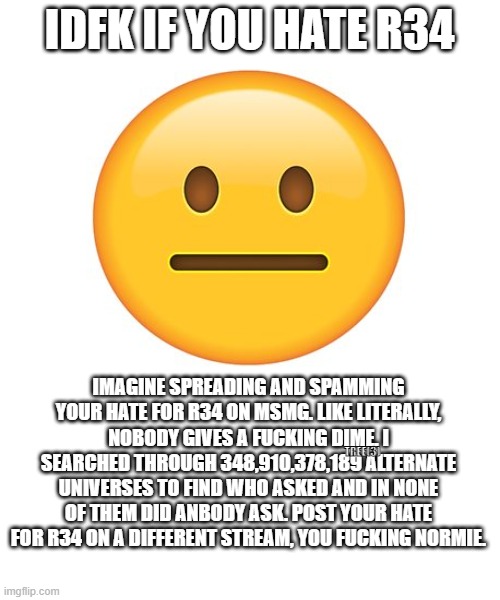 Straight Face | IDFK IF YOU HATE R34 IMAGINE SPREADING AND SPAMMING YOUR HATE FOR R34 ON MSMG. LIKE LITERALLY, NOBODY GIVES A FUCKING DIME. I SEARCHED THROU | image tagged in straight face | made w/ Imgflip meme maker