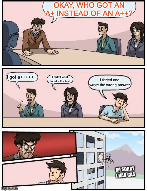 Middle School Equals | OKAY, WHO GOT AN A+ INSTEAD OF AN A++? I got a++++++; I didn’t want to take the test; I farted and wrote the wrong answer; IM SORRY I HAD GAS | image tagged in memes,boardroom meeting suggestion | made w/ Imgflip meme maker