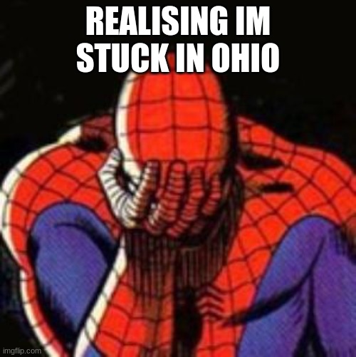 Sad Spiderman | REALISING IM STUCK IN OHIO | image tagged in memes,sad spiderman,spiderman | made w/ Imgflip meme maker